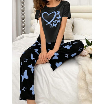 Butterflies Heart Printed T-shirt And Butterflies Trouser Suit