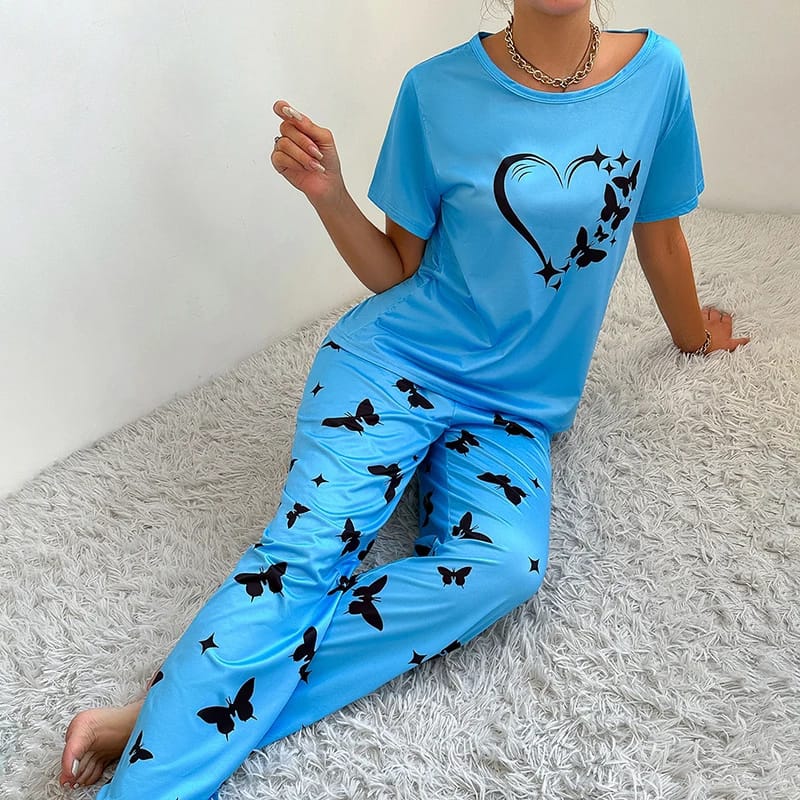 Butterflies Heart Printed T-shirt And Butterflies Trouser Suit