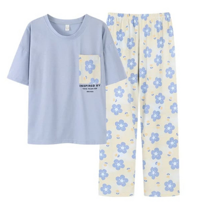 Blue Flower Pocket Print Half Sleeves T-shirt with Pajama