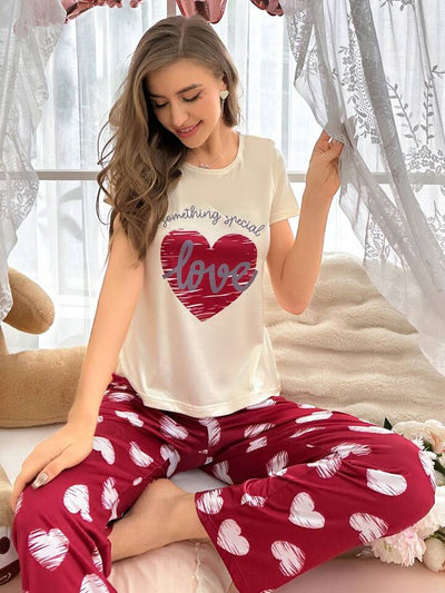 Maroon Heart Printed Nightwear