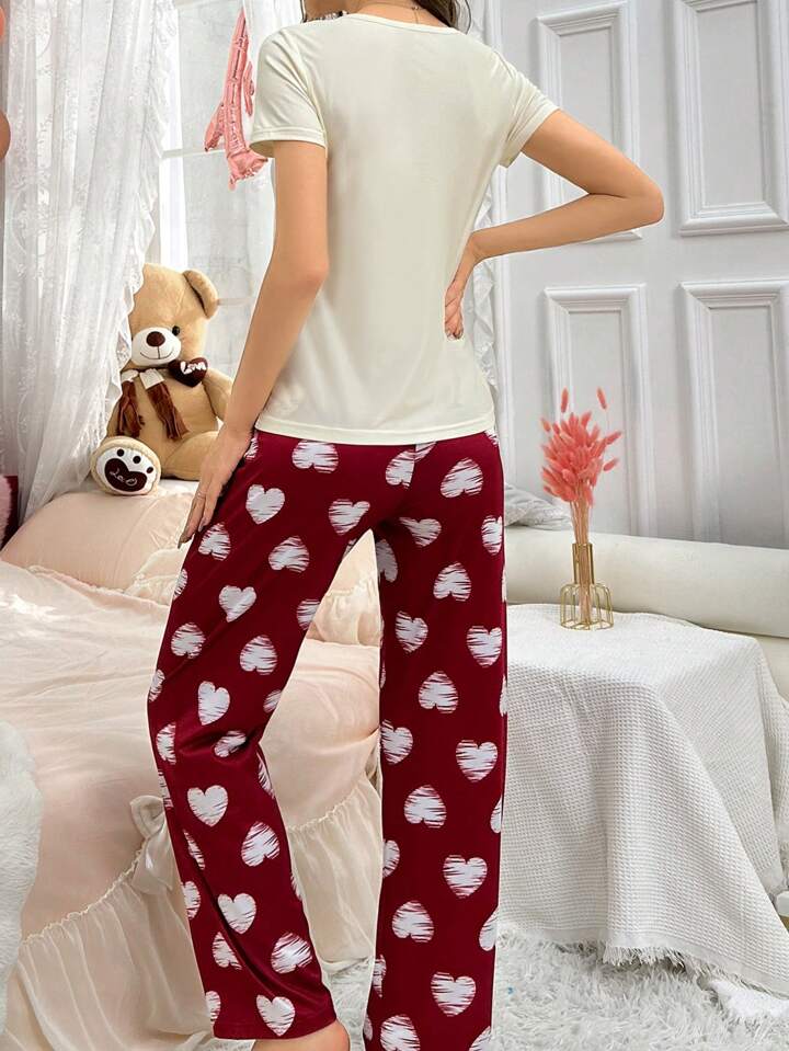 Maroon Heart Printed Nightwear
