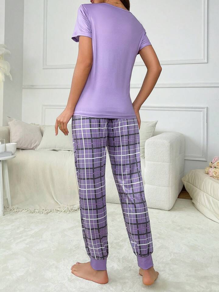 Purple Print & Check Pajama Set