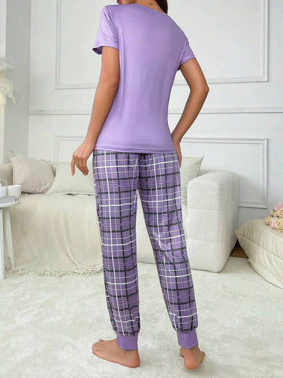 Purple Print & Check Pajama Set