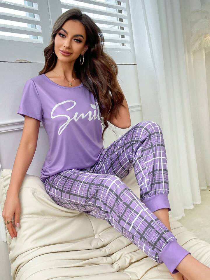 Purple Print & Check Pajama Set