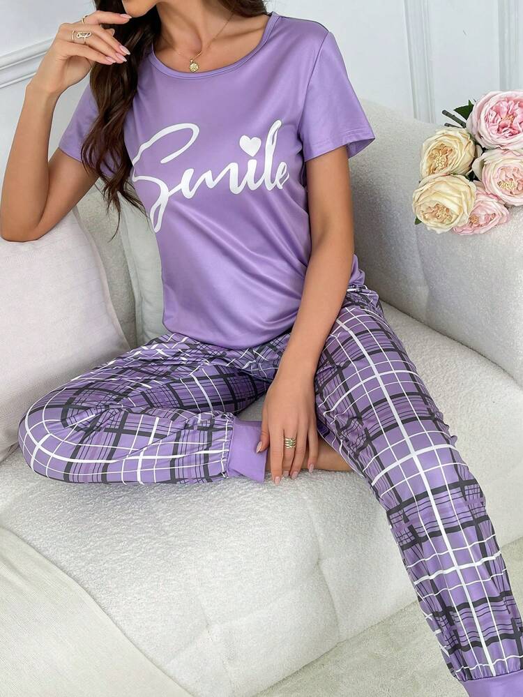 Purple Print & Check Pajama Set