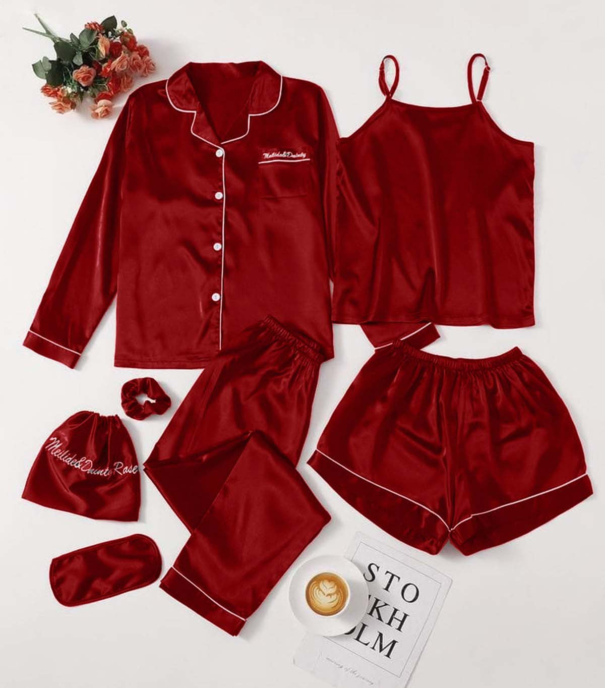 All-In-One 7-Pcs Rozana Silk Night Suit for Her