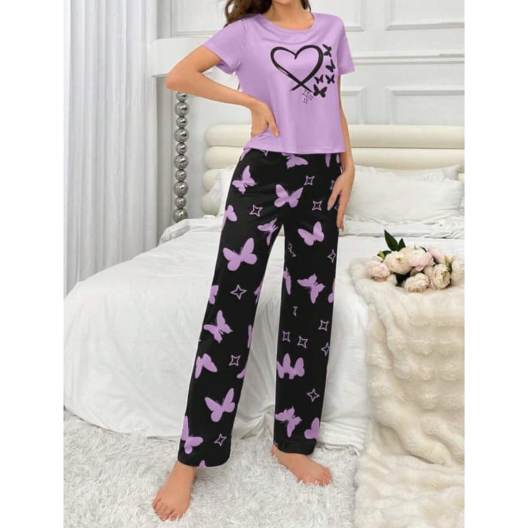 Butterflies Heart Printed T-shirt And Butterflies Printed Trouser Suit