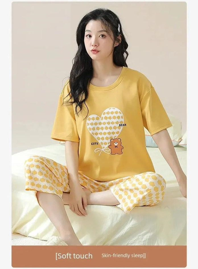 Yellow Bear Heart Printed Sleep Suit