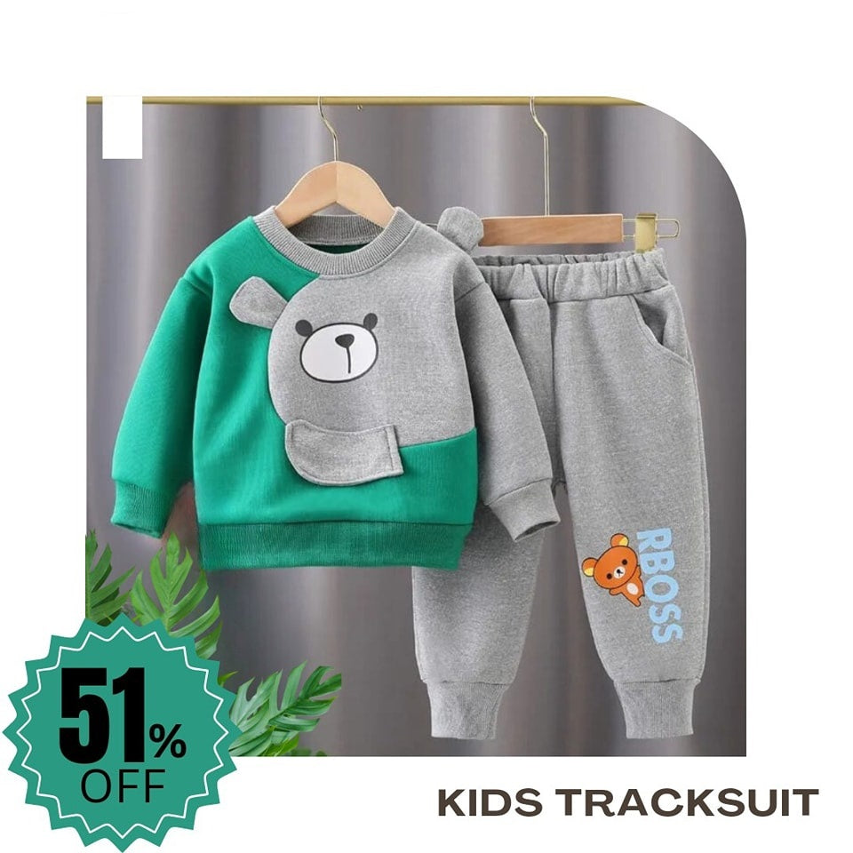 Green With Grey Bear Print Sweatshirt With Grey Trouser For Kids