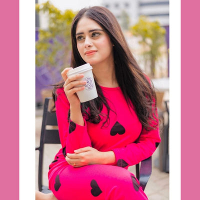Heart print Half Sleeves Night Suit for her