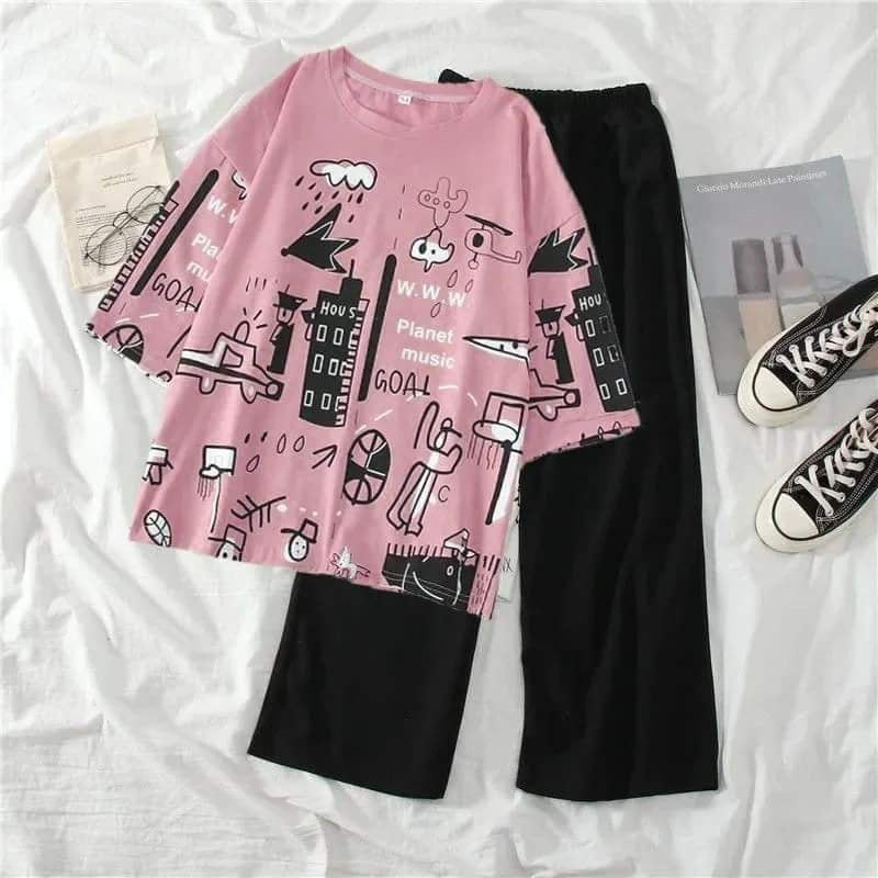 Multi Printed Half Sleeves Night Suit