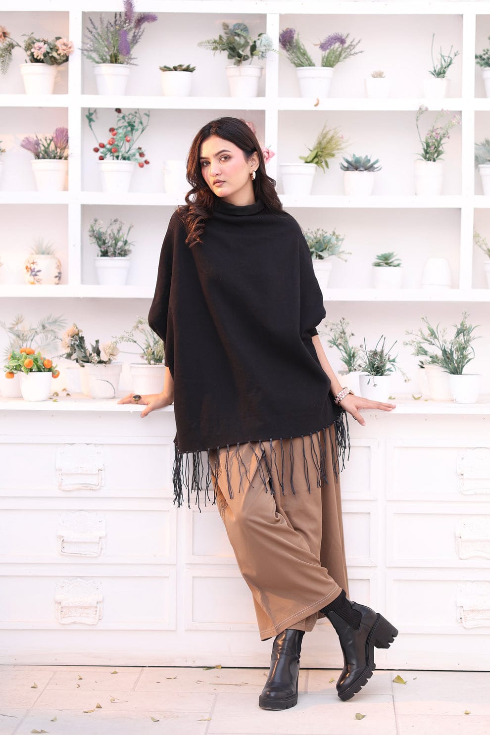 Fleece Poncho & Denim Jeans Winter Outfit Set