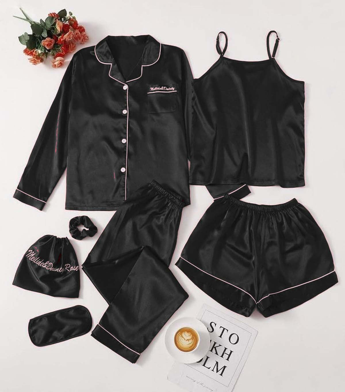 All-In-One 7-Pcs Rozana Silk Night Suit for Her