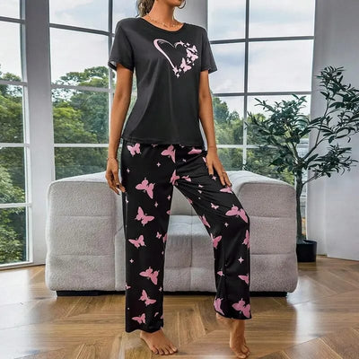 Butterflies Heart Printed T-shirt And Butterflies Trouser Suit