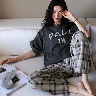 Grey Half Sleeves Paul Printed T-shirt With Check Trouser Suit