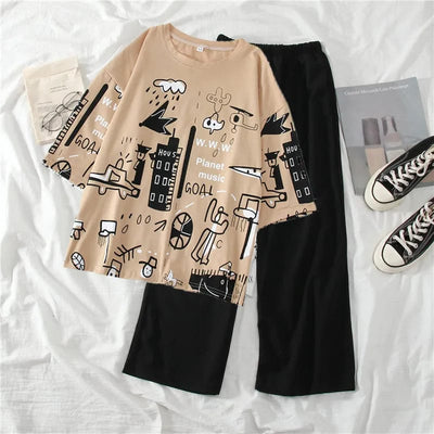 Printed Half Sleeves T-shirt With Plain Black Trouser Suit