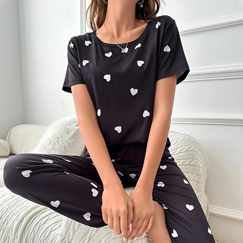 Hearts Print Half Sleeves T-shirt And Trouser Suit