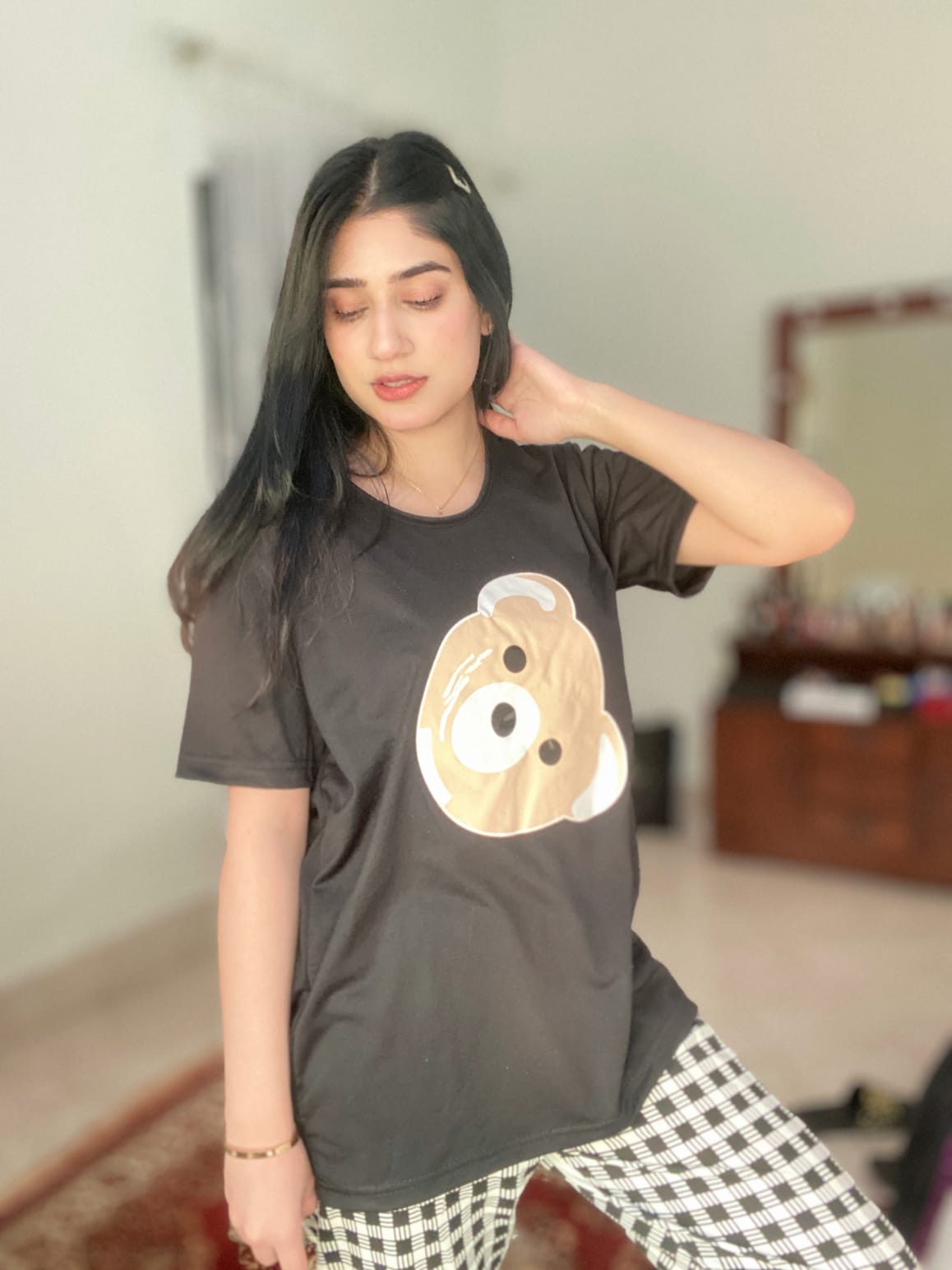 Bear Half Sleeves T-shirt With Check Printed Trouser Suit