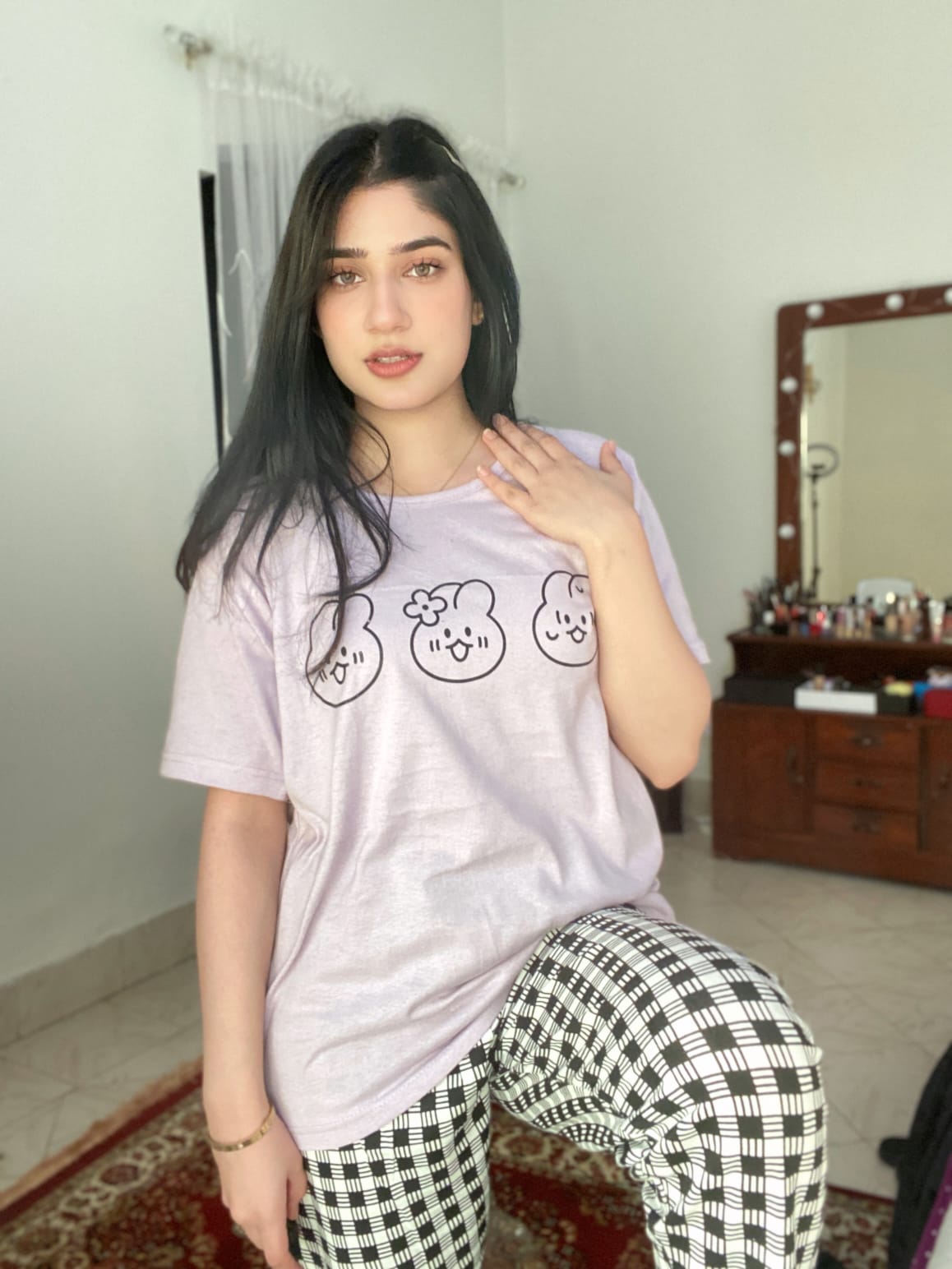 Bear Print Half Sleeves T-shirt With Check Trouser Suit