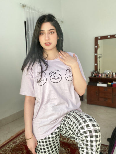 Bear Print Half Sleeves T-shirt With Check Trouser Suit