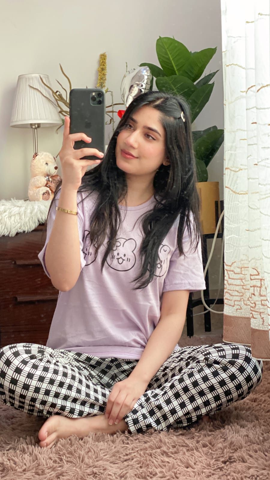 Bear Print Half Sleeves T-shirt With Check Trouser Suit