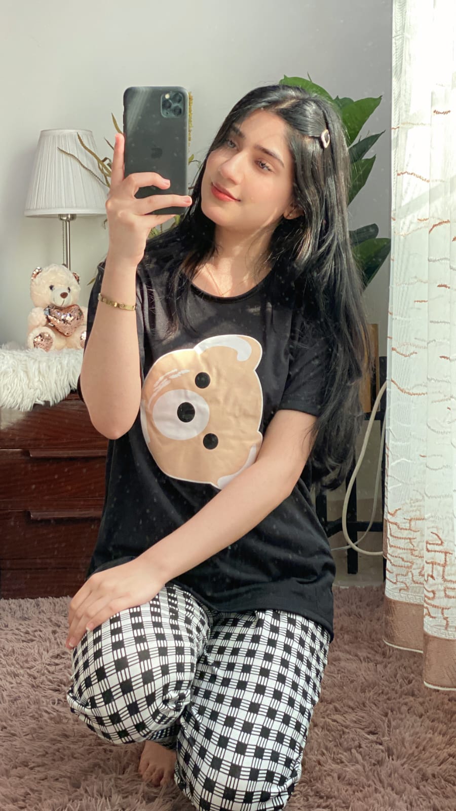 Bear Half Sleeves T-shirt With Check Printed Trouser Suit