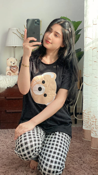 Bear Half Sleeves T-shirt With Check Printed Trouser Suit