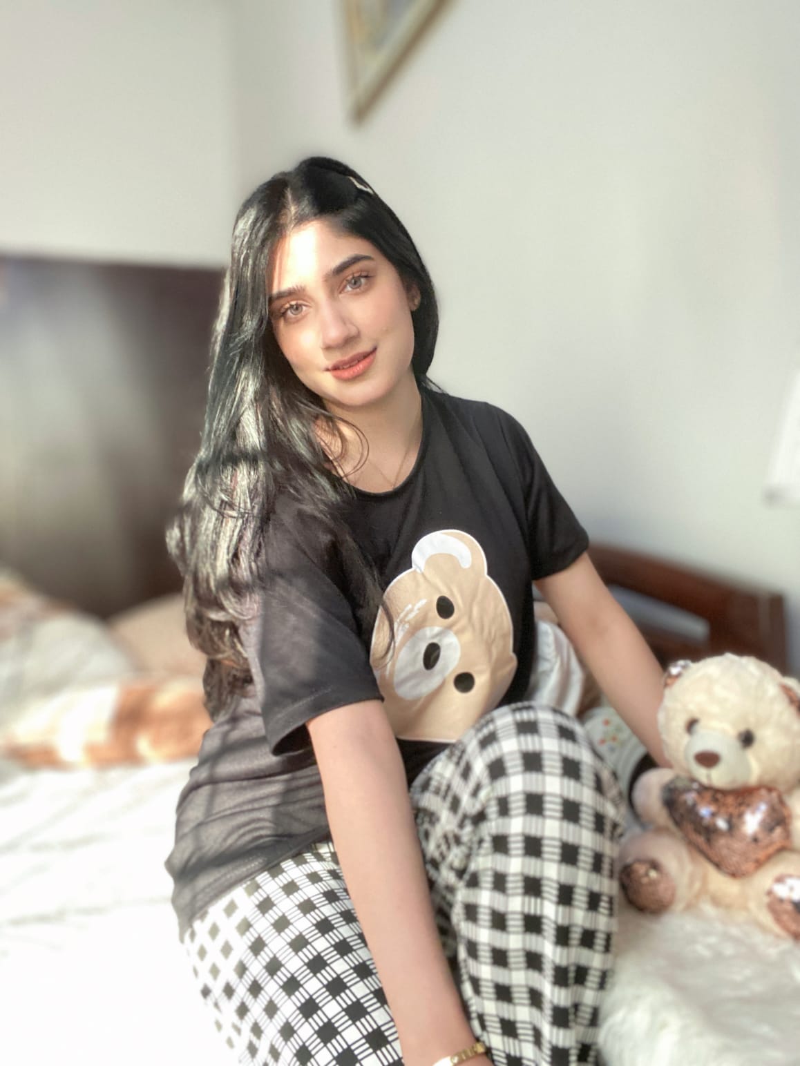 Bear Half Sleeves T-shirt With Check Printed Trouser Suit