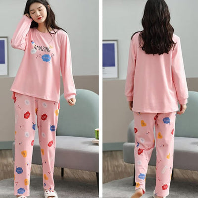 Pink Print Full Sleeves T-shirt With Printed Pajama Suit