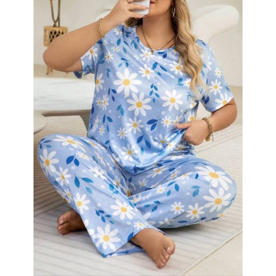 Blue Flowers Print Half Sleeves T-shirt With Flowers Print Pajama Suit