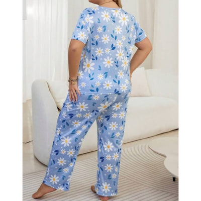 Blue Flowers Print Half Sleeves T-shirt With Flowers Print Pajama Suit