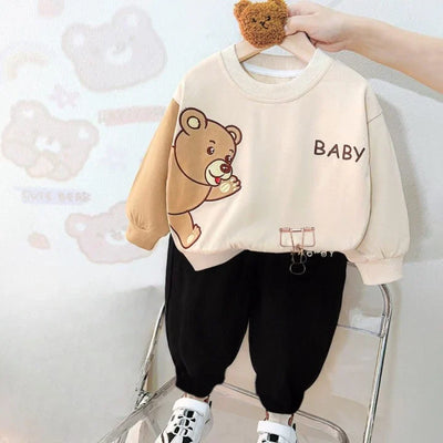 Off White Cute Bear Printed Sweatshirt with Black Trousers Tracksuit For Kids