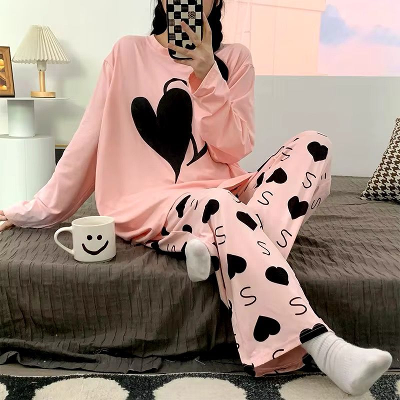 Heart Print With Heart Printed Trouser Full Sleeves Night Suit