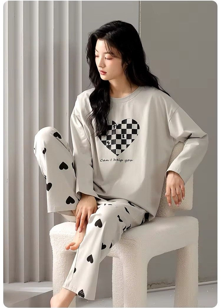 Puzzle Heart Print With Heart Trouser Full Sleeves Night Suit