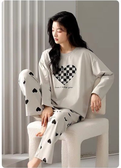 Puzzle Heart Print With Heart Trouser Full Sleeves Night Suit