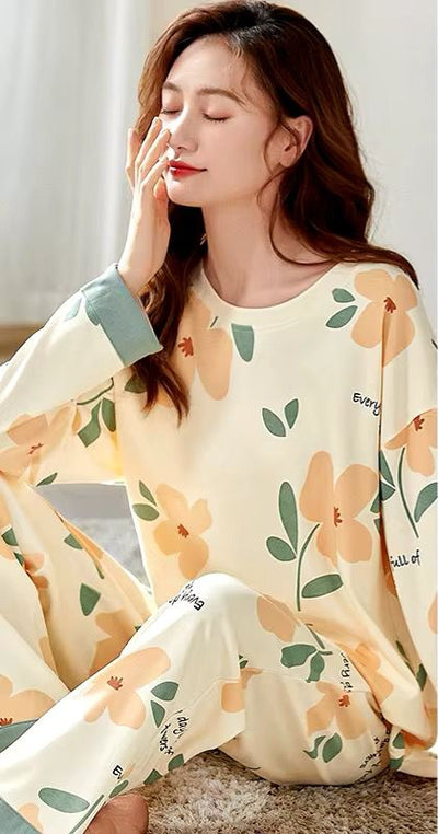 Flower Print With Flower Printed Trouser Full Sleeves Night Suit
