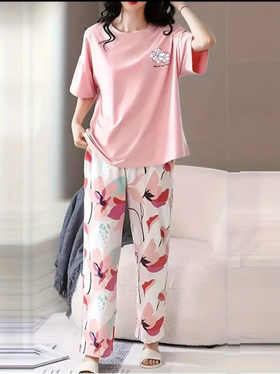 Pink Printed Half Sleeves Night Suit