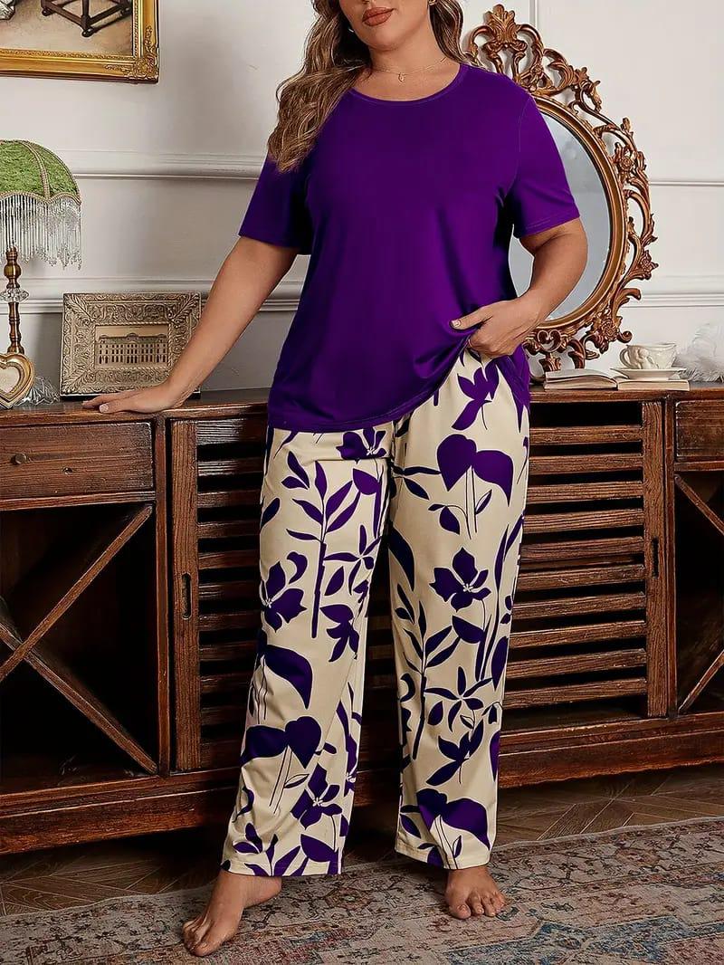 Plain Half Sleeves with floral Printed pajama Night Suit