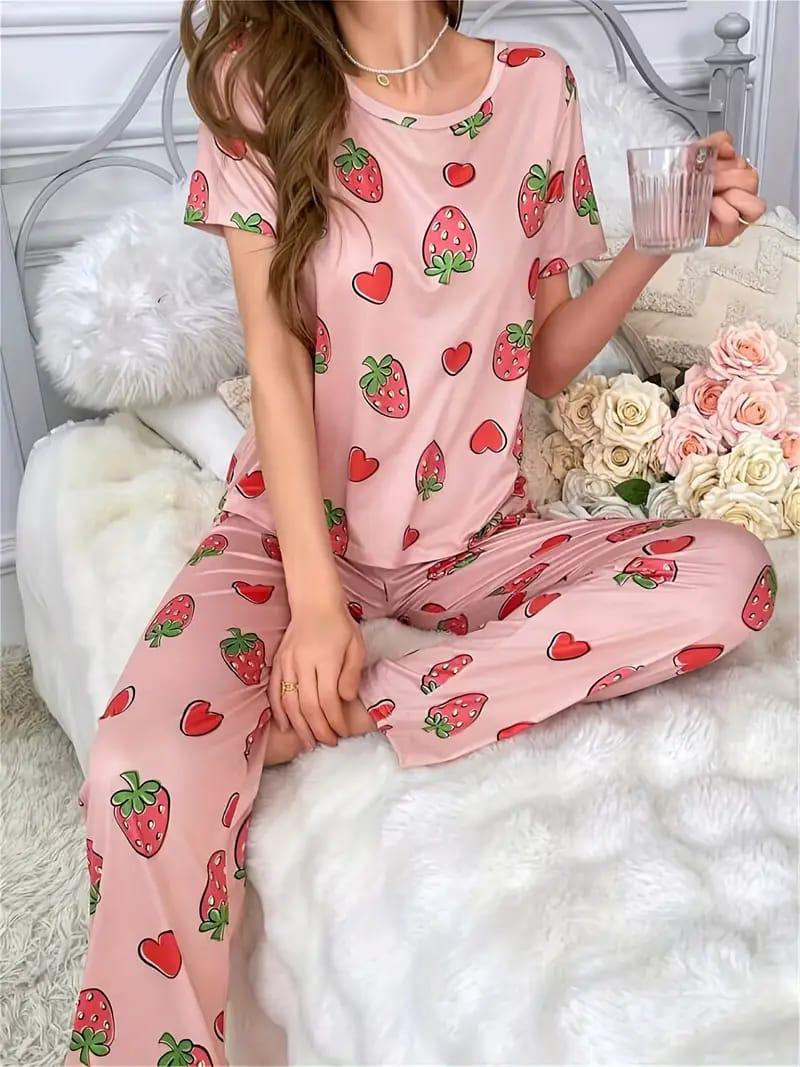 Pink All over Strawberry Half Sleeves with Printed pajama