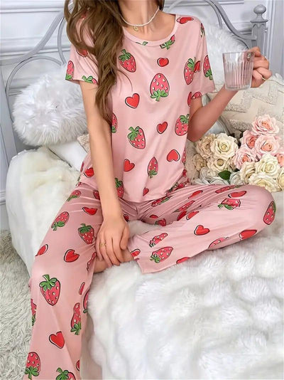 Pink All over Strawberry Half Sleeves with Printed pajama