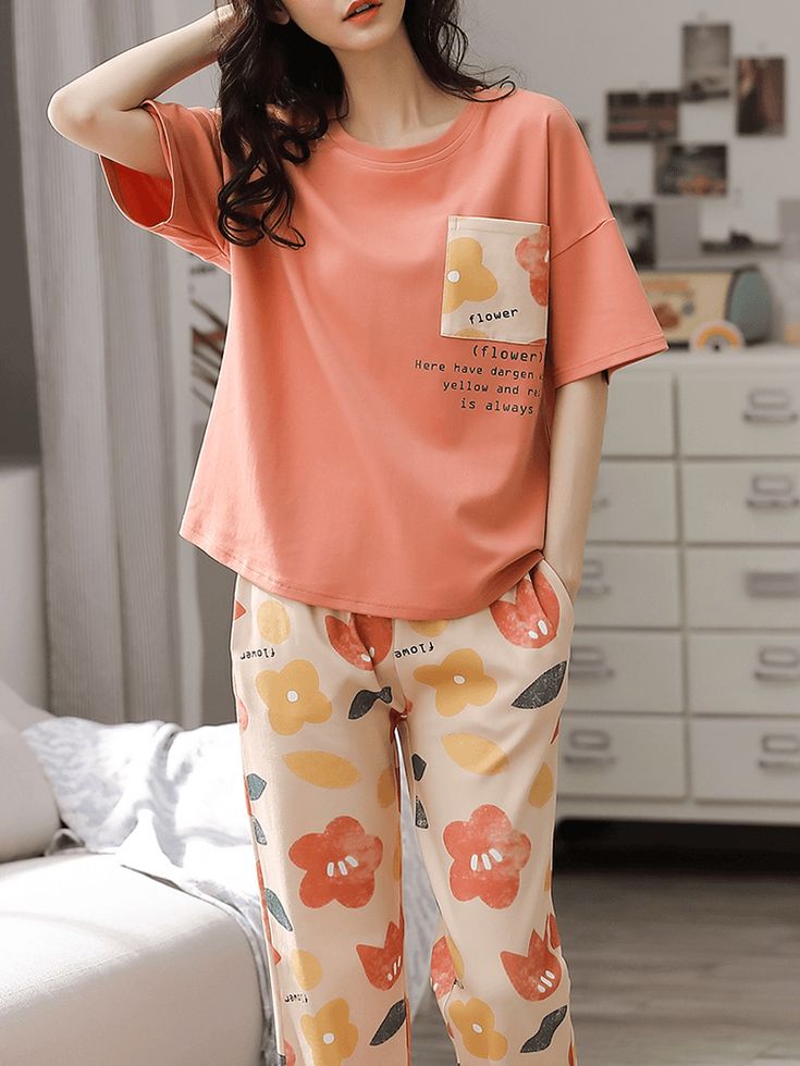 Peach Flower Pocket Printed Pajama