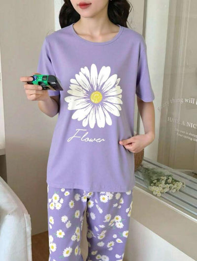 Sun Flowers Printed Half Sleeves Night Suit