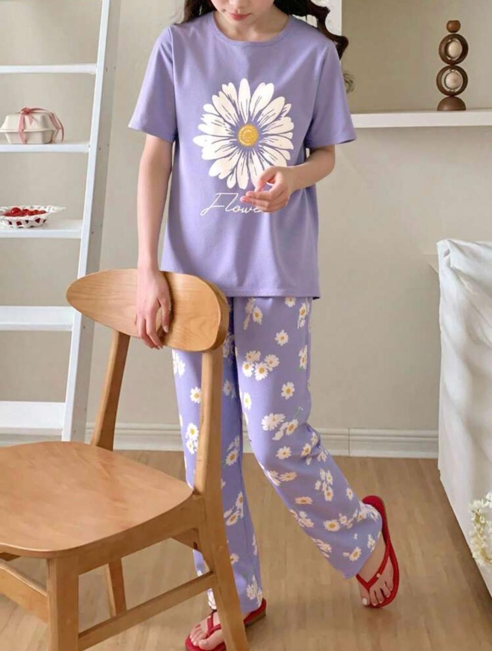 Sun Flowers Printed Half Sleeves Night Suit