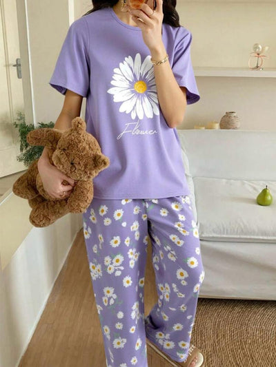 Sun Flowers Printed Half Sleeves Night Suit