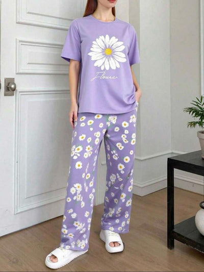 Sun Flowers Printed Half Sleeves Night Suit