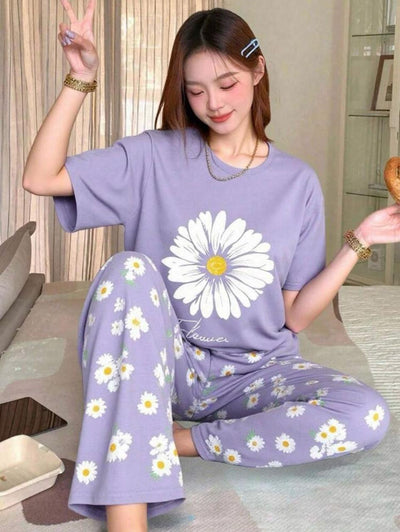 Sun Flowers Printed Half Sleeves Night Suit
