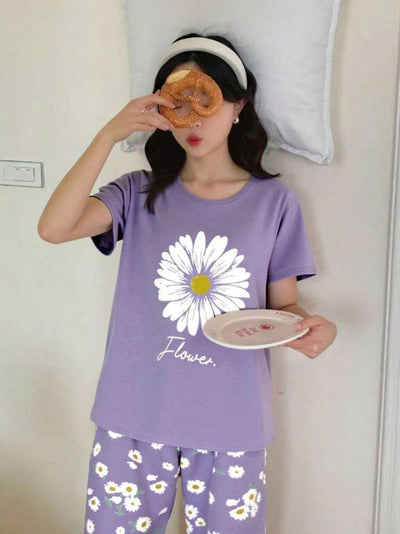 Sun Flowers Printed Half Sleeves Night Suit