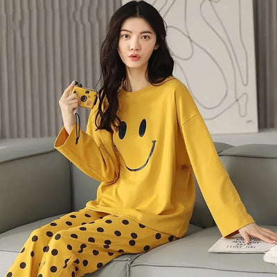 Smile Print Full Sleeves T-shirt With Dotted Pajama Night Suit