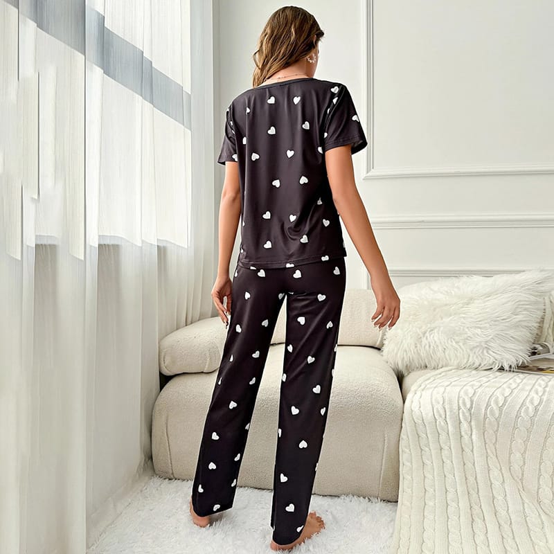 Hearts Print Half Sleeves T-shirt And Trouser Suit