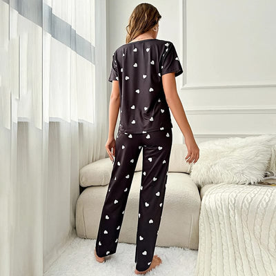 Hearts Print Half Sleeves T-shirt And Trouser Suit